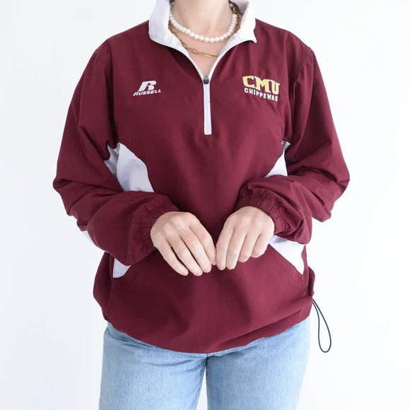 Russell Athletic Maroon Quarter Zip CMU Chippewas Windbreaker Pullover Jacket S - Picture 2 of 12